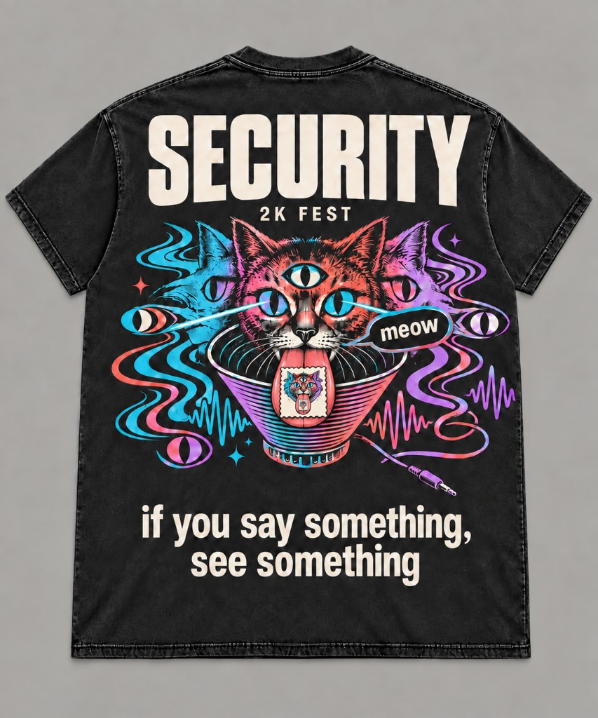 Black staff tee: SECURITY, a three-eyed cat in a ramen bowl saying meoww, and if you say something, see something.